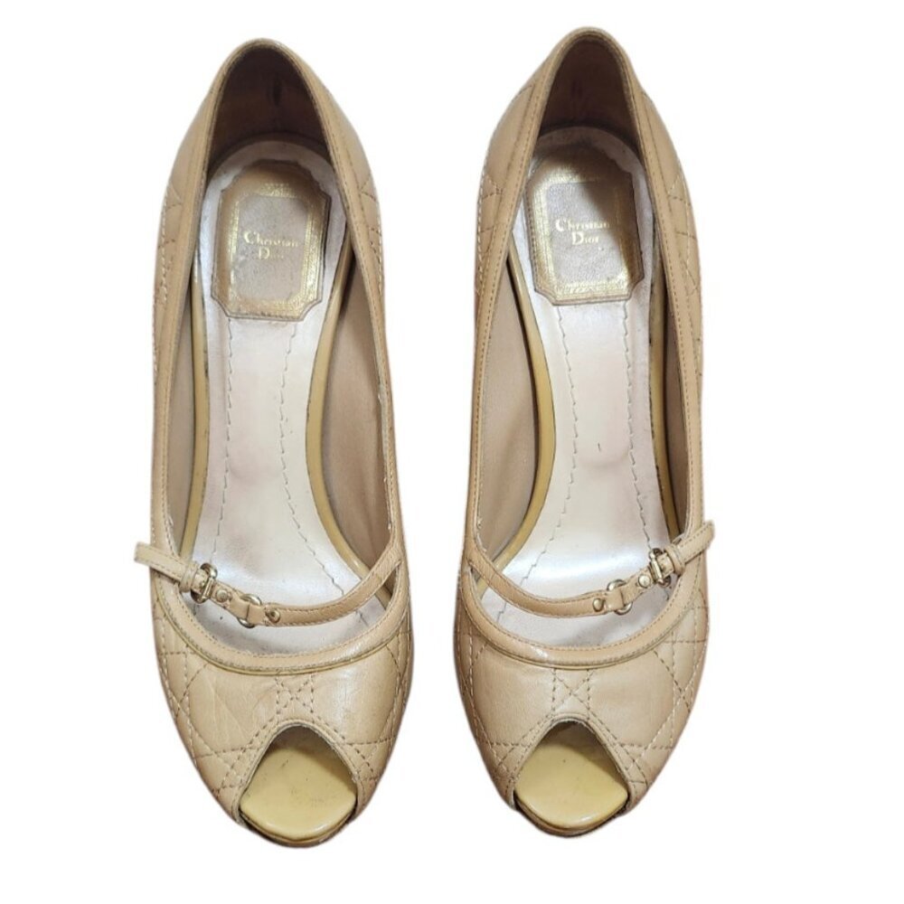 Christian Dior Beige Quilted Leather Mary Jane Peep Toe Heels Pumps EU 37 - Picture 3 of 16